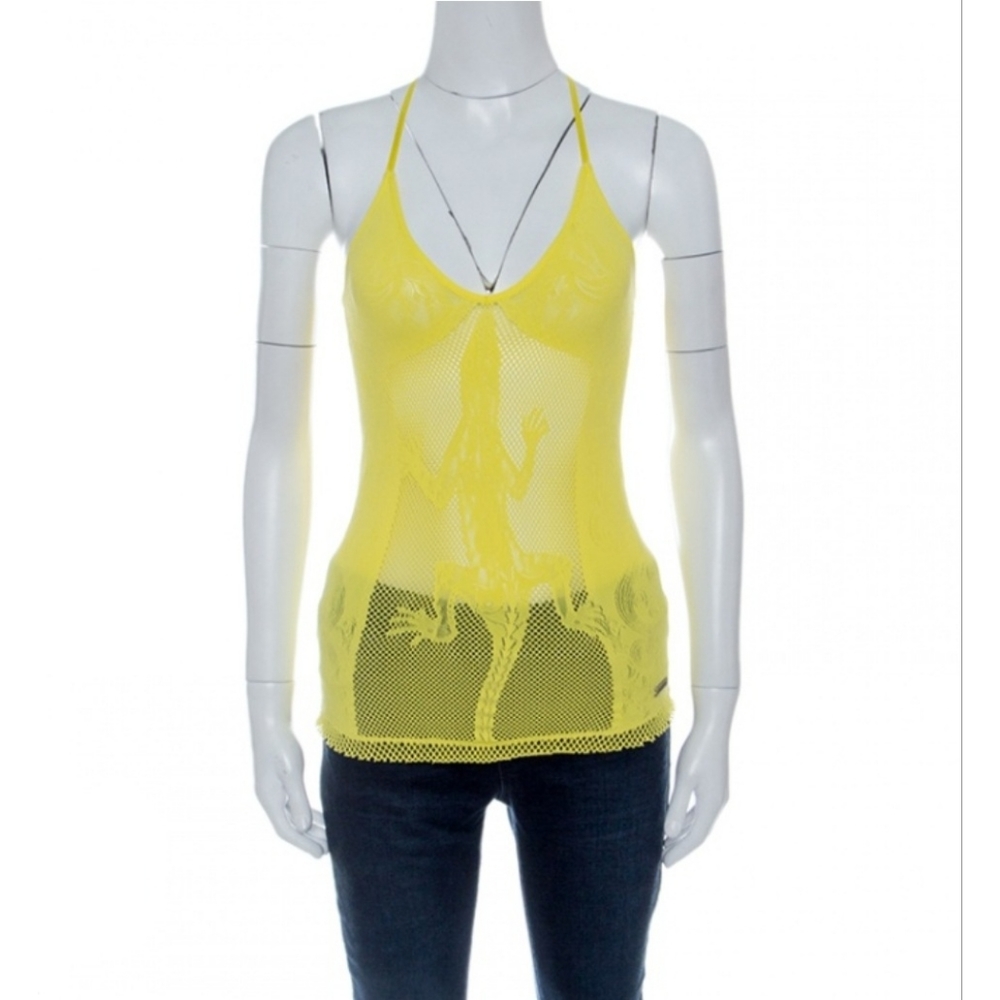 Vintage Just Cavalli Yellow Tricot Mesh Lizard  Motif Halter Top